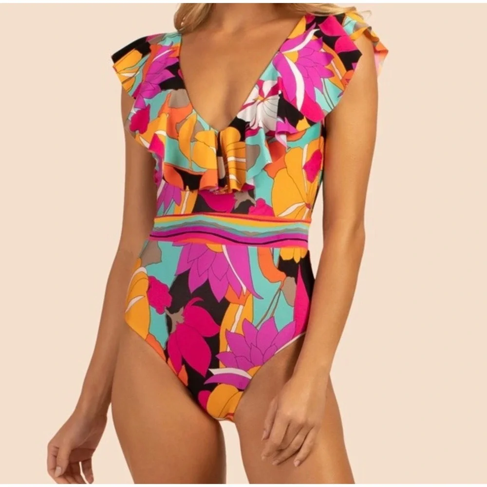 Floral One-Piece Swim Suit - Purple & Orange
